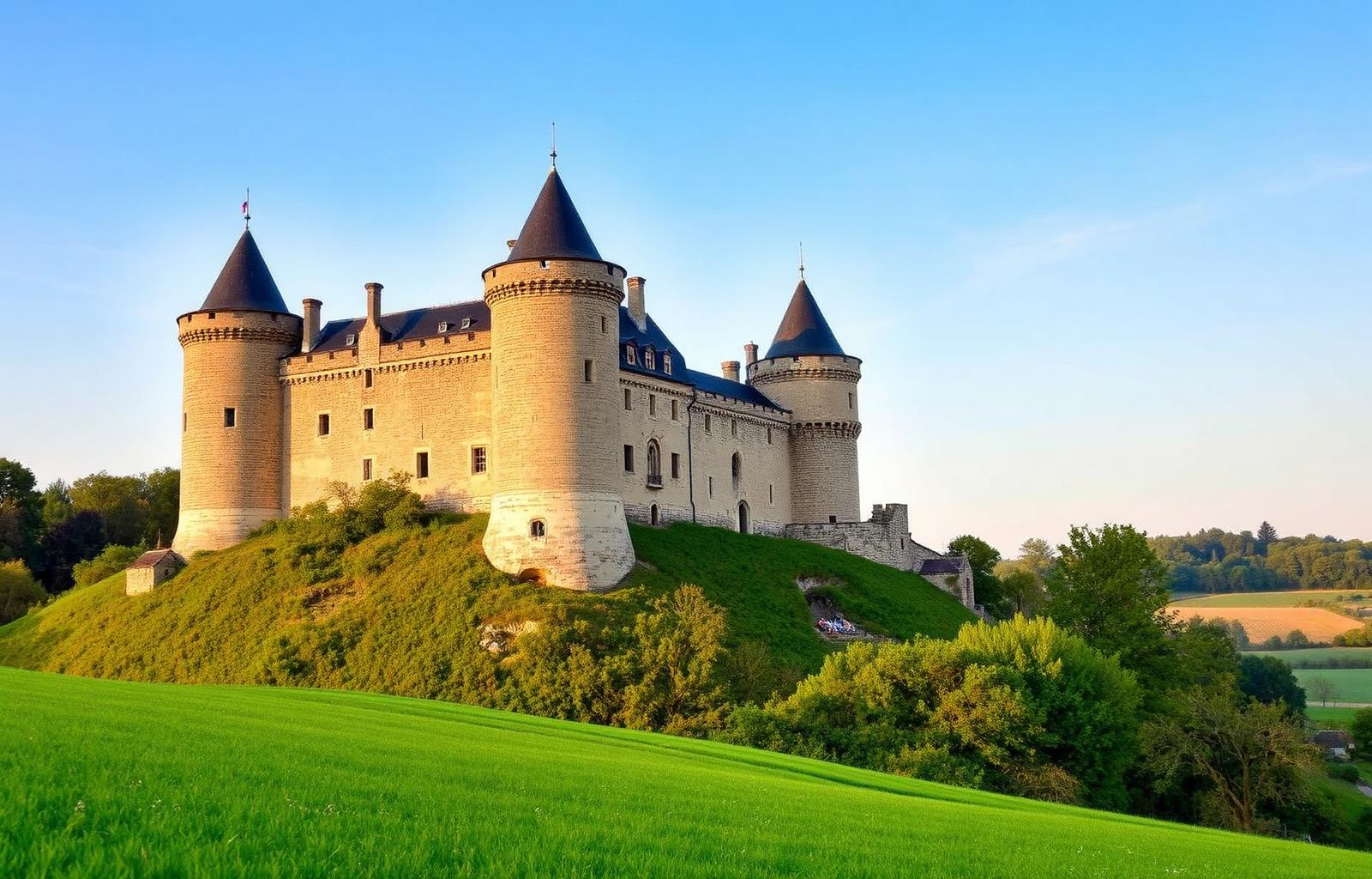 Château médiéval entouré de campagne en Pays Briard, Seine-et-Marne